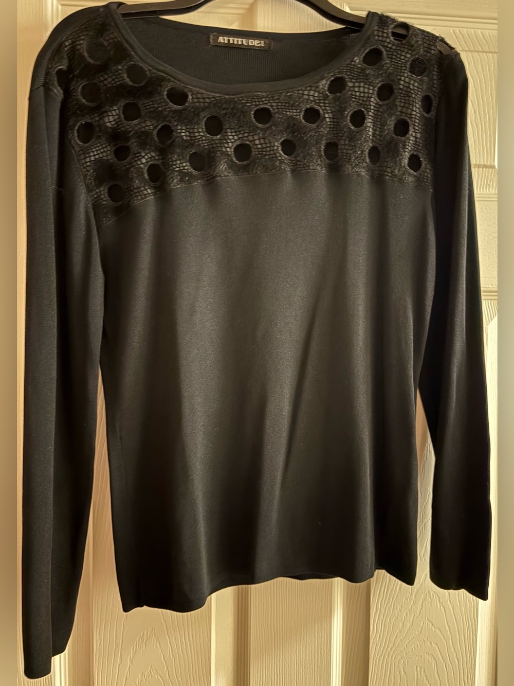 Attitude Black Long-Sleeve Faux Fur Perforated Yoke Top NWOT!!!!